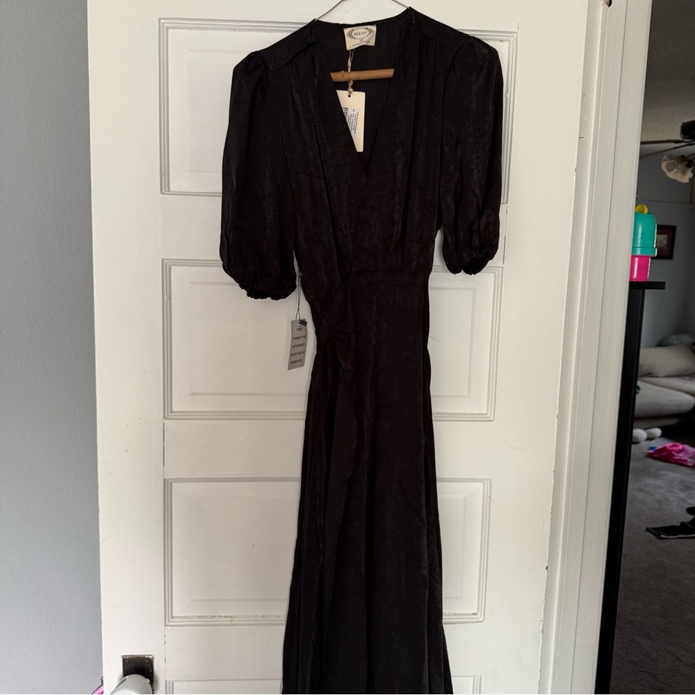 JoyFolie Lucerine V-Neck Wrap Puff Sleeve Dress Washed Black XS NWT